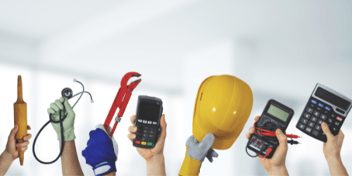 hands holding different work tools including a rolling pin, wrench, calculator, hard hat