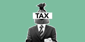 a mixed media image of a man in a suit with a bag of money labelled tax as his head